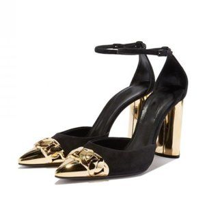 FSJ Black and Gold Suede Ankle Strap Heels Chunky